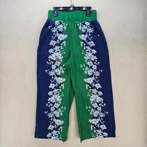 KOURT WOMEN'S SMALL LINEN WIDE LEG PANTS BLUE GREEN FLORAL PATTERN
